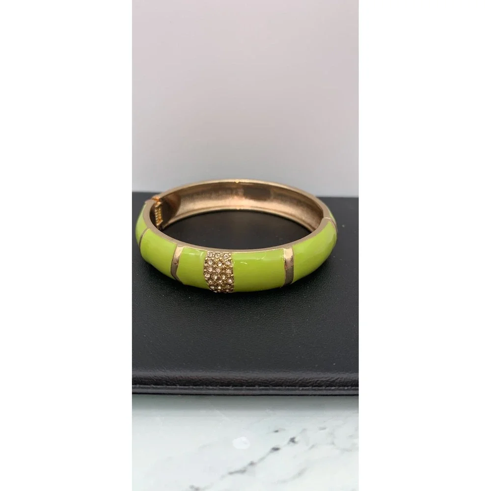 Gold Tone & Bright Green Enamel Rhinestone Bangle Hinged Clamper Bracelet